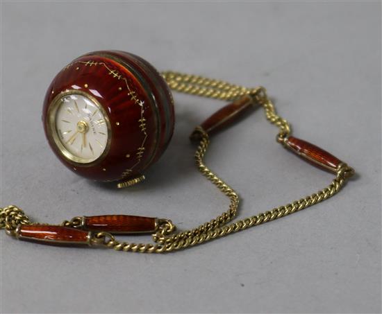 A Swiss silver gilt and enamel Nadine globe fob watch, with gilt metal chain with enamel spacers.